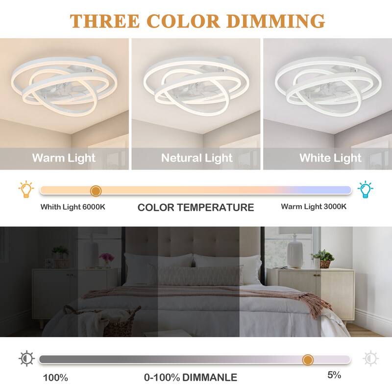 24" Adjustable Light Kit Flush Mount Ceiling Fan, 3 Color Tone CCT dimmable 6 Fan Speed, Remote & App Control for Bedroom