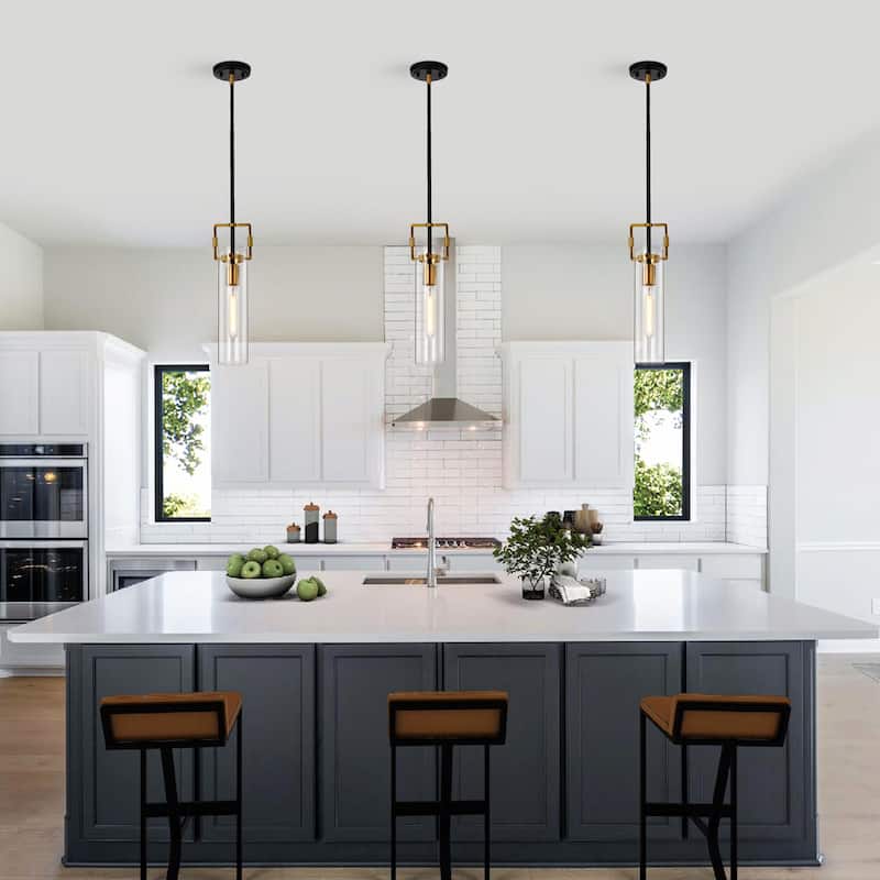 Black and Antique Gold 1-Light Mini Pendant with Clear Cylindrical Glass Shade