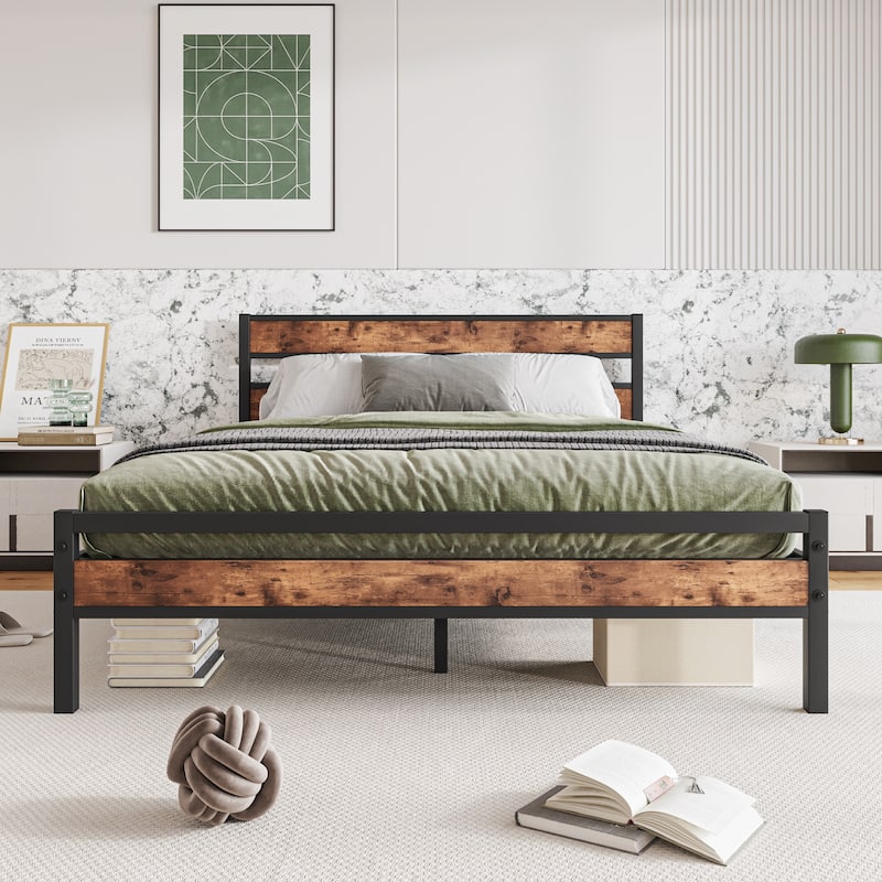 Platform Bed Frame with Rustic Vintage Wood Headboard - Queen