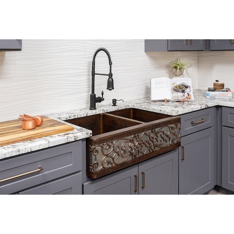 33-in Hammered Copper Kitchen Apron 60/40 Double Basin Sink w/ Scroll Design w/ Accessories (KSP3_KA60DB33229S-NB)