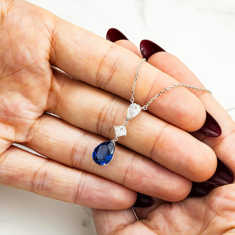 House Of Leon White Gold Pear Cut Sapphire & Diamond Drop Pendant Necklace