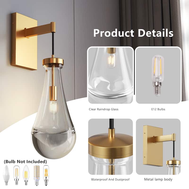 Brass Wall Sconce, Modern Raindrop Glass Shade, Dimmable LED E12 Bulb, Fits Bathroom, Vanity, Living Room, 1 Pack