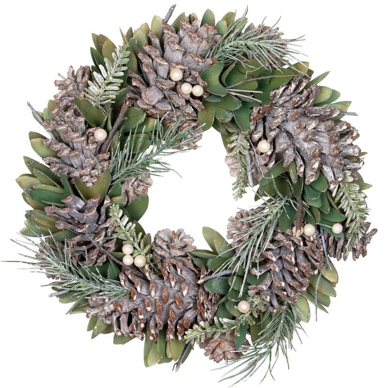 Frosted Pinecone and Wooden Petals Artificial Christmas Wreath -14" - Unlit