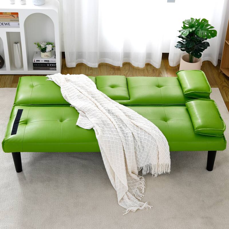 The 67-inch black PVC multi-functional sofa bed with a foldable and cup holder design - Green