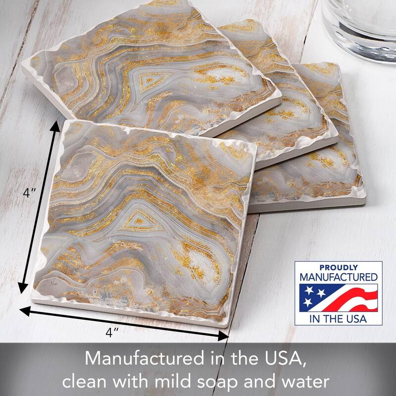 Agate Allure 4-Pack Absorbent Stone Coasters with Cork Backing 4" Square Made in The USA Artistic Absorbent Easily Wipes Clean