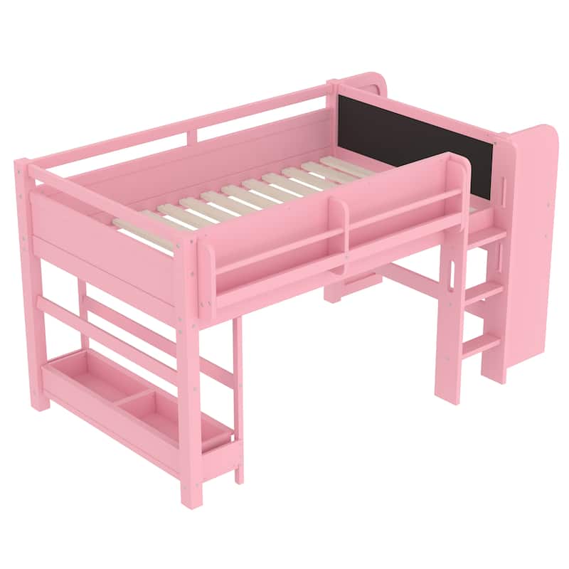 Twin Loft Bed with Multi-storage Bookcases, Boxes and Drawers, Solid Wood Low Loft Beds with Desk and Blackboard