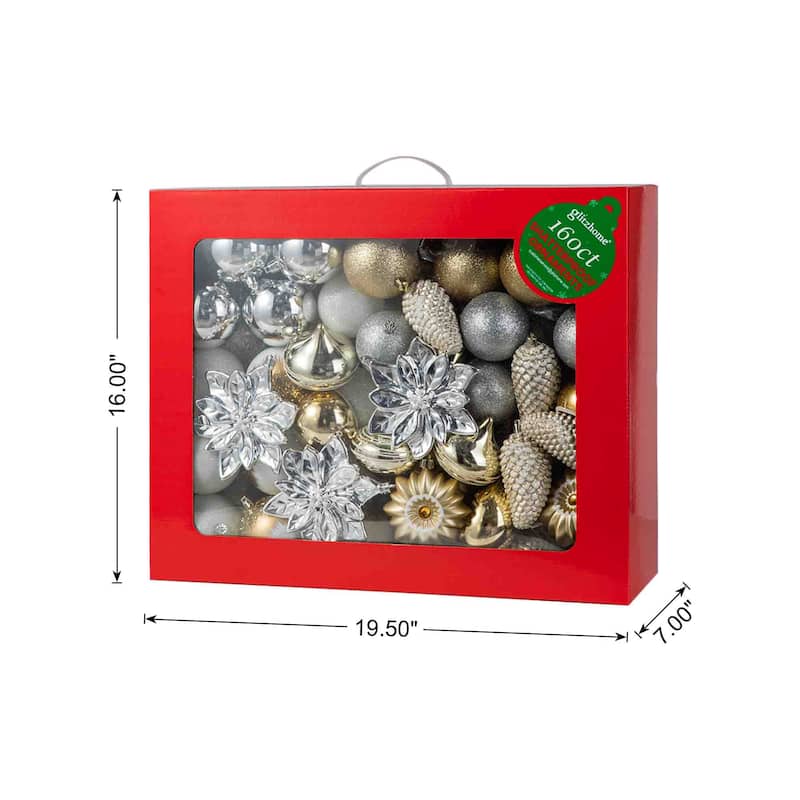 Glitzhome 191-Piece Glitter Ribbon Bow Gold Silver Ball Shatterproof Ornaments Xmas Tree Decor