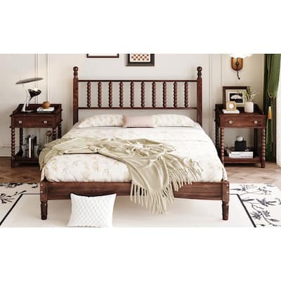 3-Pieces Retro Style Bedroom Sets, Queen Size Platform Bed with Gourd Shaped Headboard, Storage Nightstand