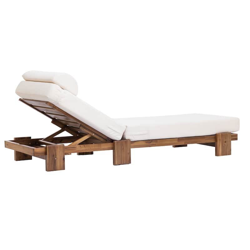 78.8"Patio Chaise Lounge Chair, Acacia Wood Adjustable Recliner with Headrest and Retractable Side Tray