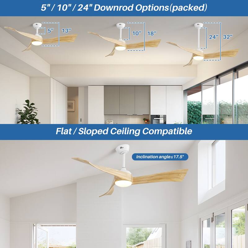52" Wood 3-Blade Ceiling Fans with Dimmable LED Light and Remote, 6-Speed Reversible DC Motor - 52 inch