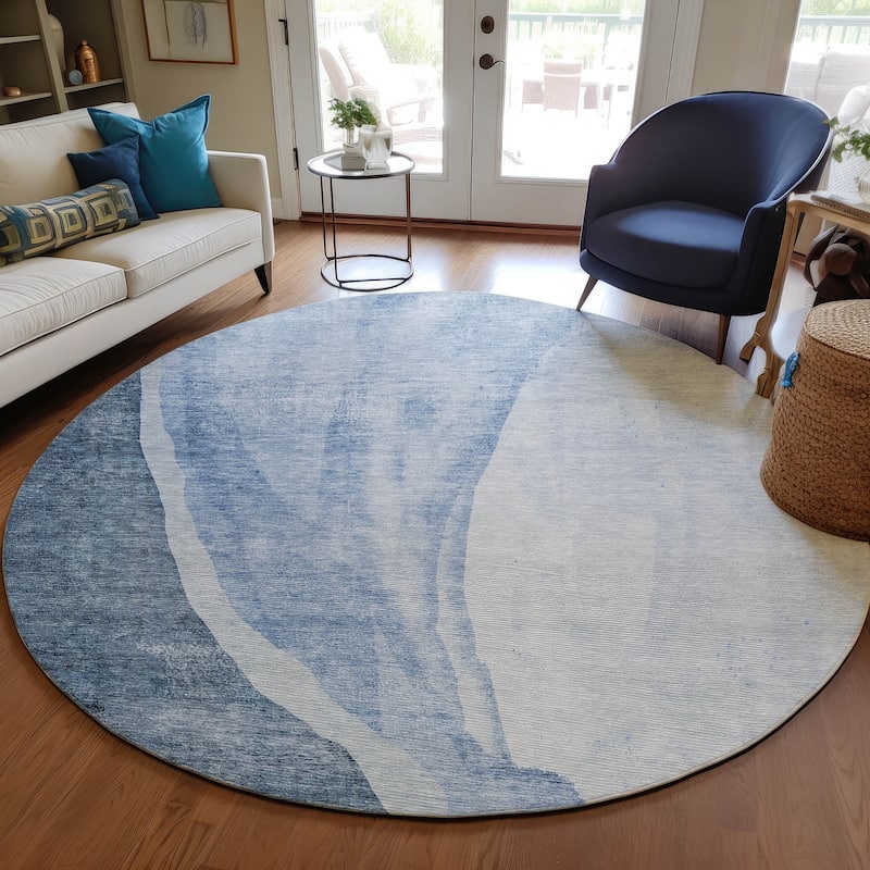 Machine Washable Indoor/ Outdoor Chantille Modern Abstract Rug - Blue - 8' x 8'