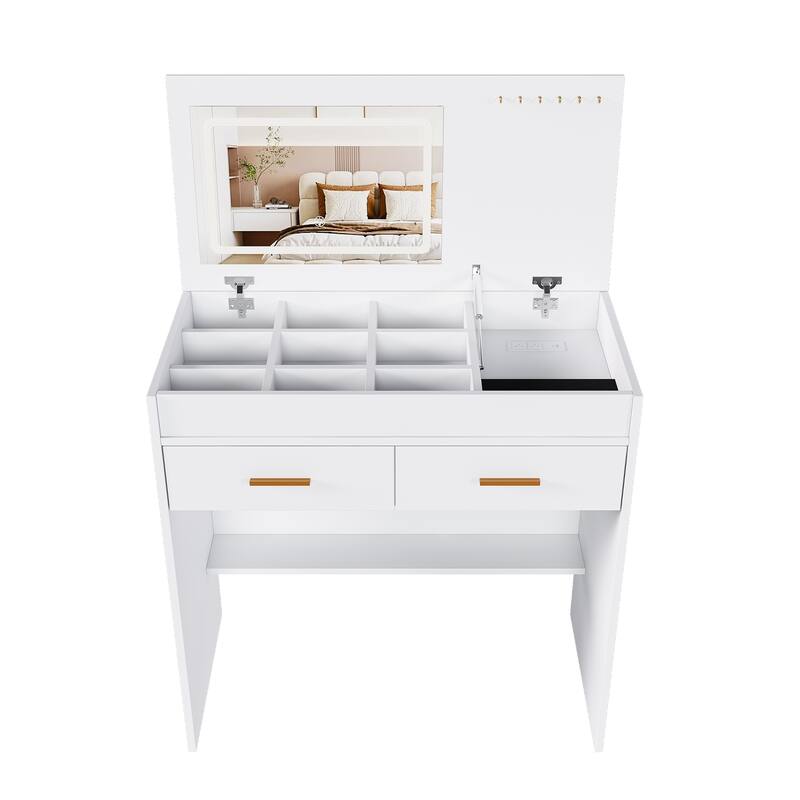Vanity Desk with Flip Top LED Lighted Mirror & Power Outlet, Makeup Vanity Table with 2 Drawers, Open Storage & Jewelry Hooks