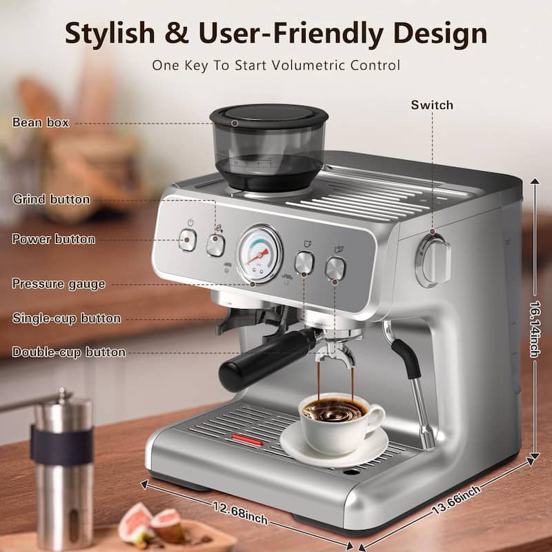 Semi-automatic Coffee Machine with Intelligent Temperature Control and Hot Water Function, 30 Grinding Settings