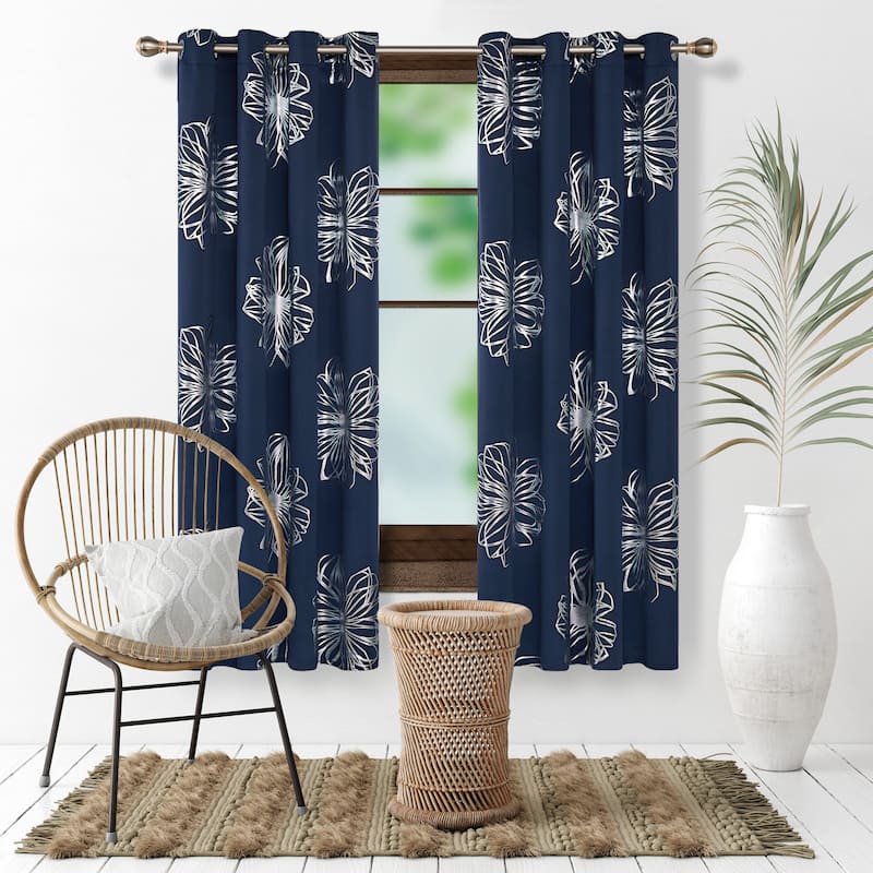 Deconovo Silver Floral Thermal Insulated Curtain Panel Pair(2 Panel) - 52W x 72L Inch - Navy Blue