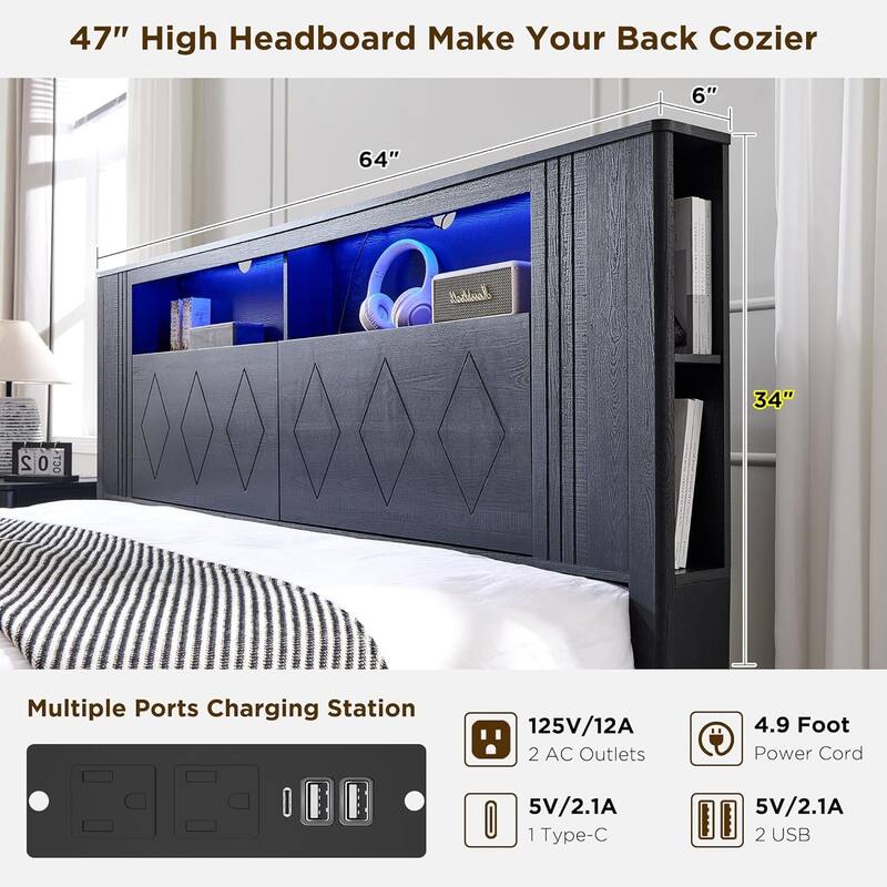 Modern Queen Size Wood Bed Frame with Charging Station and LED Lights