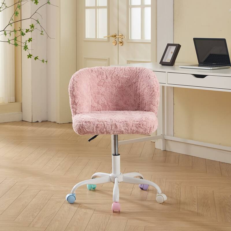 Roomfitters Faux Fur Office Chair, Adjustable Swivel Desk Chair with White Metal Base and Colorful Wheels