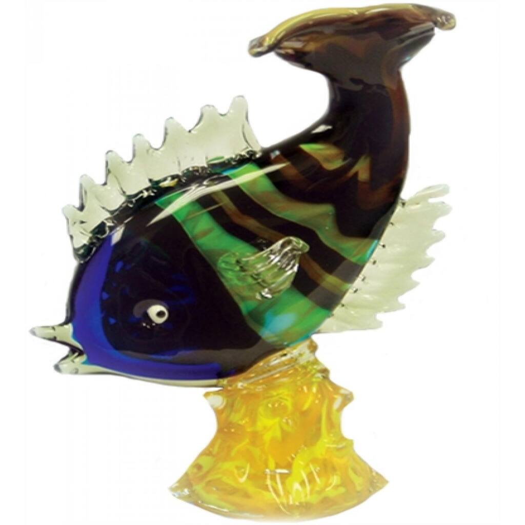 Hand Made Green,Blue,Brown And Clear Fish On A Yellow Base Figurine