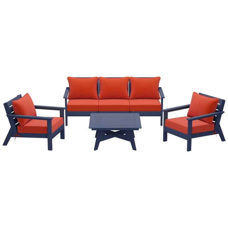 Birchwood All Weather HDPE Outdoor Patio Navy Blue Deep Seating Conversation Set (6-Piece Set)