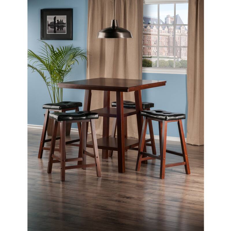 Set of 5 Rich Walnut High Table with Cushion Seat Stools 36"