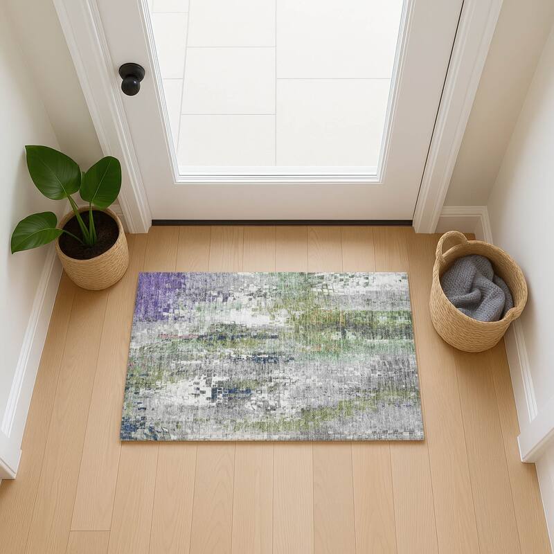 Machine Washable Indoor/ Outdoor Abstract Pixels Chantille Rug