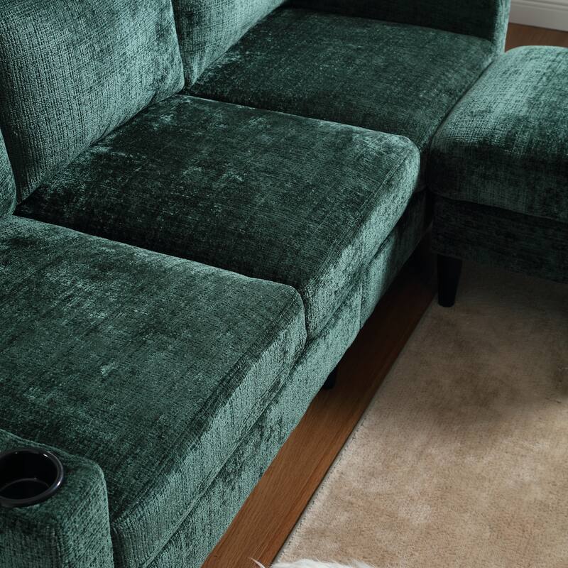 Modular Sectional Sofa with Storage Ottoman, Comfy Chenille Fabric Sofa, 3-Seater Sofa with Side Pockets & 2 Cup Holders