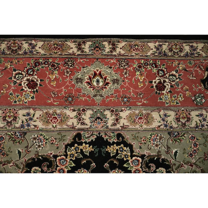 Hand Knotted Oriental Wool & Silk Carpet Traditional Floral Black Tabriz Area Rug - 11' 9'' X 9' 1''