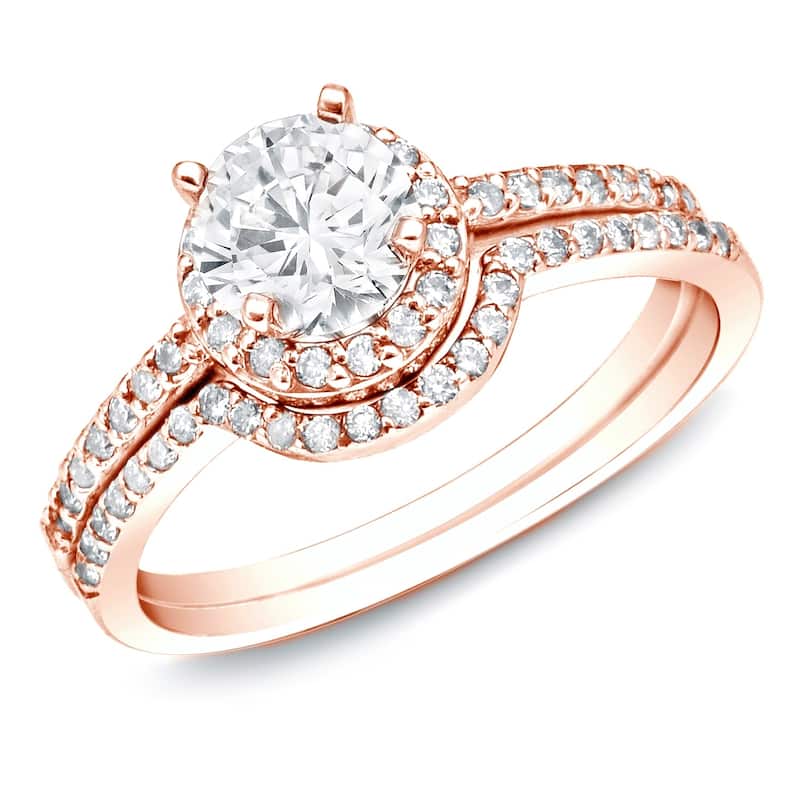 Auriya 14k Rose Gold 1ctw Round Diamond Halo Engagement Ring Set - 4