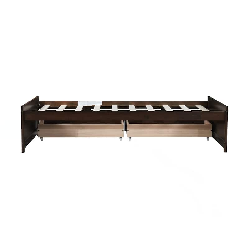Twin Size Bed with 2 Drawers, Solid Rubber Wood Bed