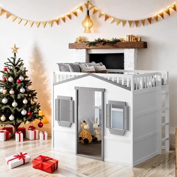 slide 2 of 16, Full Size House Loft Bed With Ladder-White+Gray Frame White+Gray Frame