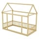 preview thumbnail 8 of 11, Natural Twin Size Pine Wood Floor Bed with House Roof & Guardrails