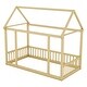 preview thumbnail 21 of 76, Pine Wood Floor Wooden Bed with House Roof Frame and Safety Guardrails