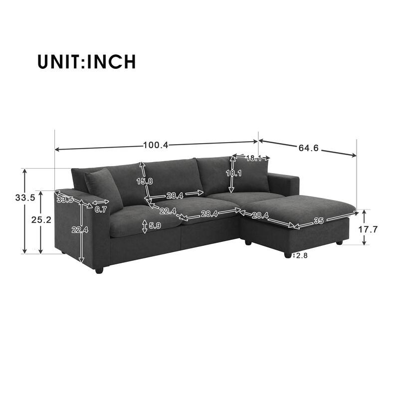 100.4" L-shaped Triple Sofa with Two Throw Pillows