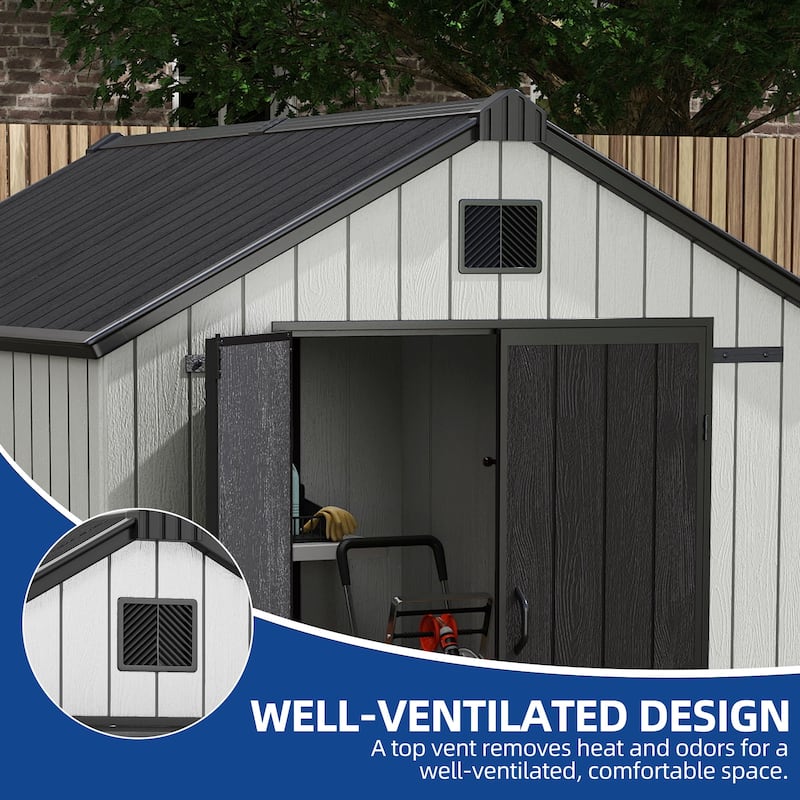 8x10 FT Outdoor Storage Shed with Lockable Door, Large 544 Cuft Resin Shed with Floor Roof Windows Vents