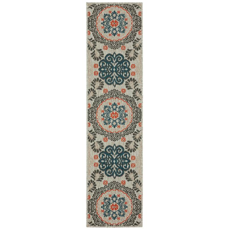 Vista Home Higgins Medallions Grey/ Blue Indoor/ Outdoor Area Rug - 1'10" x 7'6" Runner