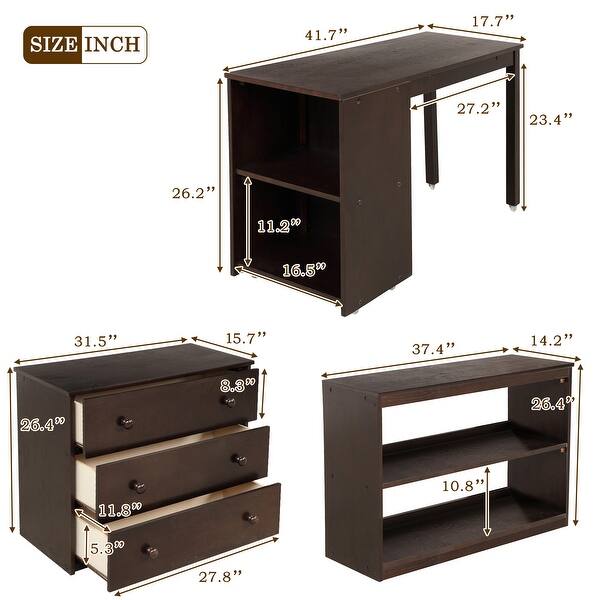 dimension image slide 1 of 2, Twin Size Loft Bed With Cabinet,Shelves And Rolling Portable Desk