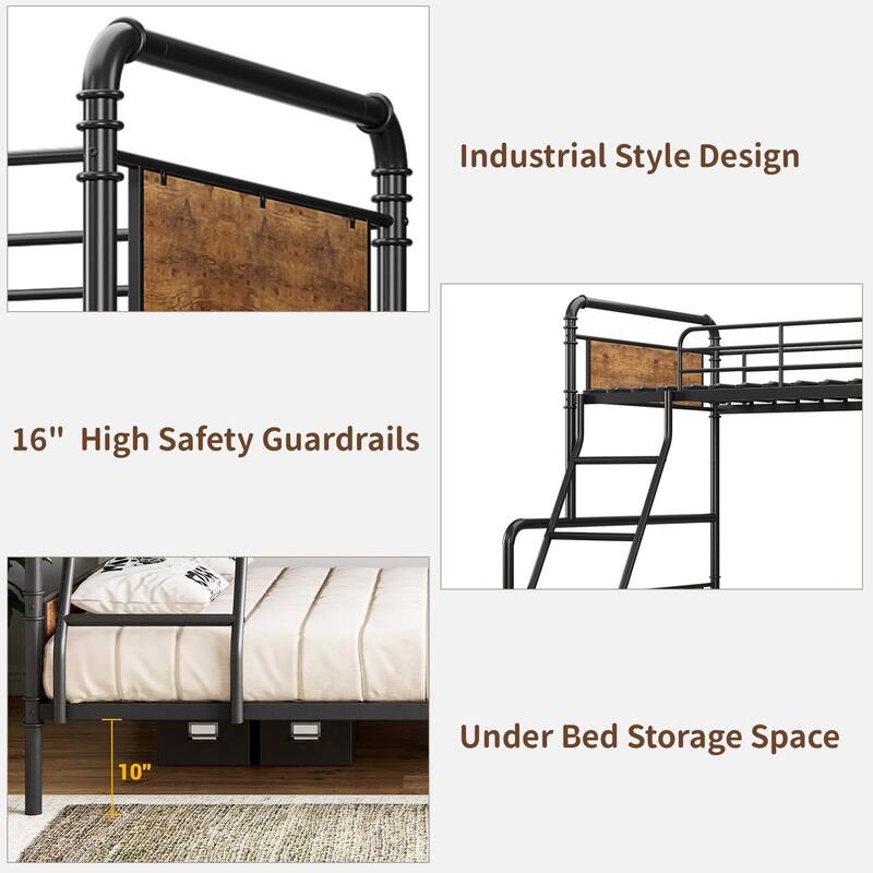 Metal Bunk Bed Twin Over Full Size, with Angled Ladder, High Guardrail
