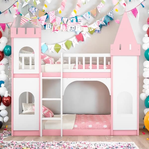 slide 2 of 16, Twin Over Twin Castle Bunk Bed with Ladder,Versatile Floor BedEasy to Assemble Pink