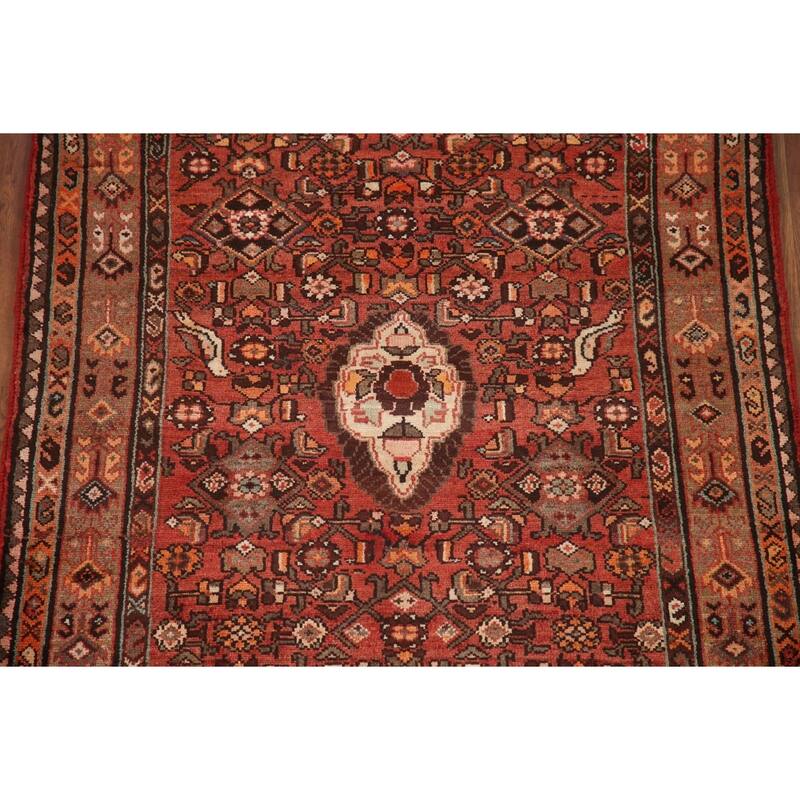 Hand Knotted Oriental 100% Wool Carpet Traditional Medallion Red Hamedan Runner Rug - 9' 3'' X 3' 10''