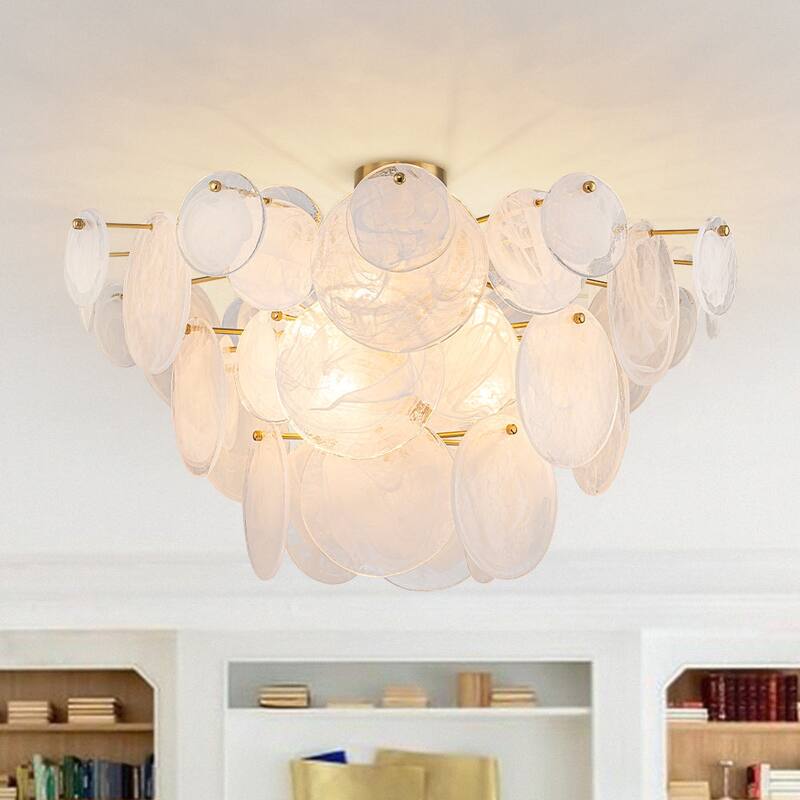 Contemporary Glam Tiered Cloud Glass Discs Semi-flush Mount - 35.4in - Burnished Brass
