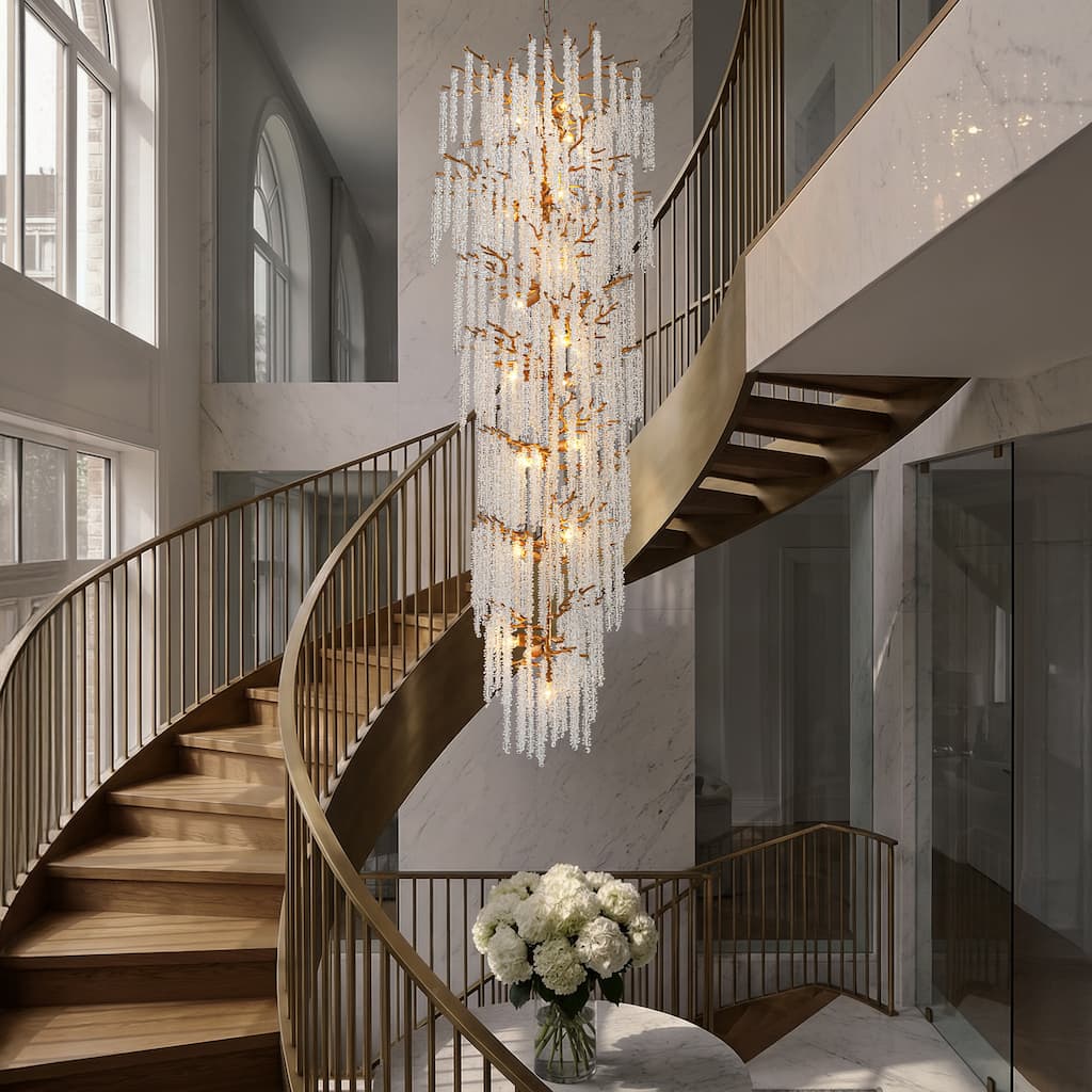 24'' W x 156'' H 21-Light Tree Branch Glass Chandelier in Antique Brass with Clear Glass for Staircases, and Tall Ceilings