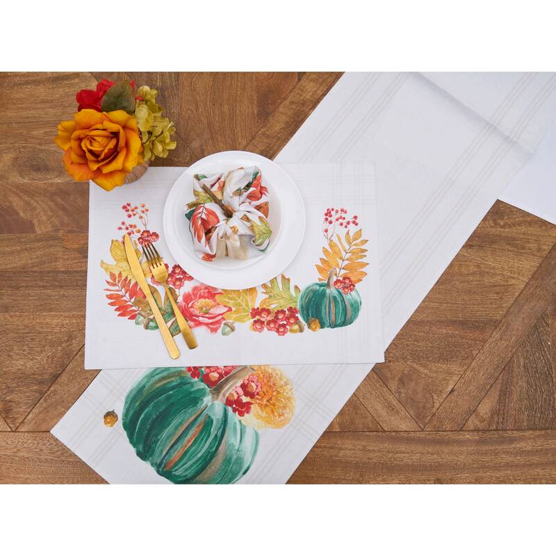 Harvest Teal Pumpkin Floral Flower Leaves Cloth Placemats Set of 6 Autumn, 14" x 20" - Beige
