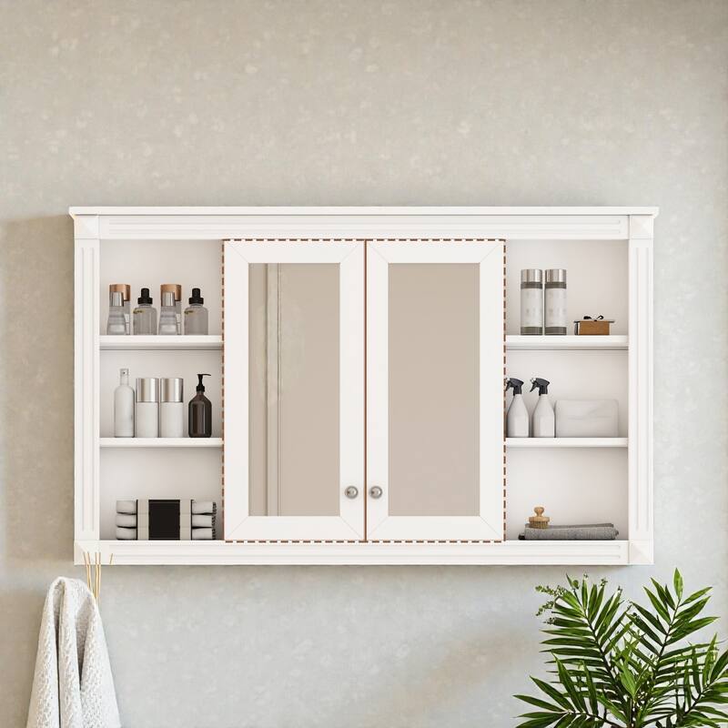 47 Inch Wall Mounted Bathroom Mirror Medicine Cabinet with Storage, Adjustable Shelf and Open Shelves