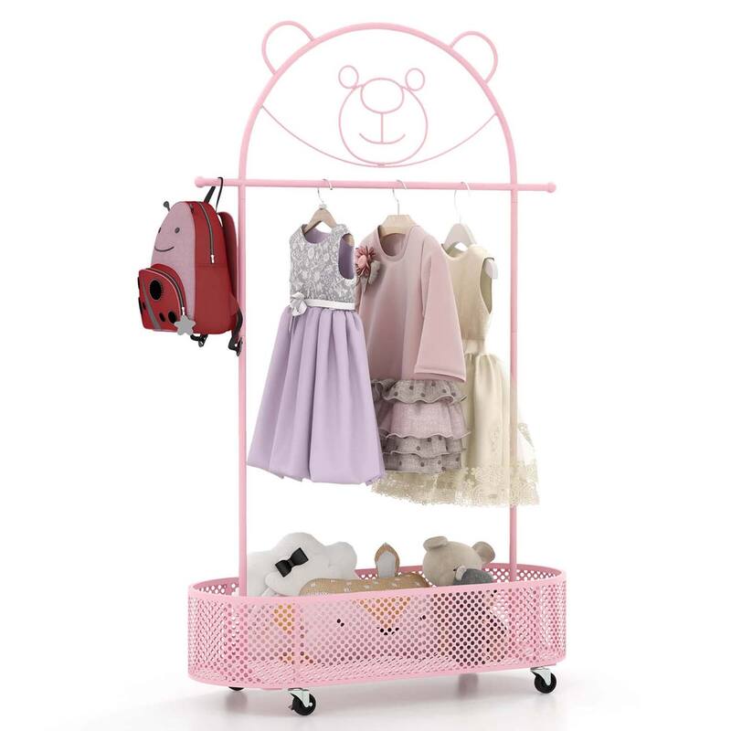 Kids Clothing Rack Height Adjustable Dress Up Storage w/ Wheels - Pink