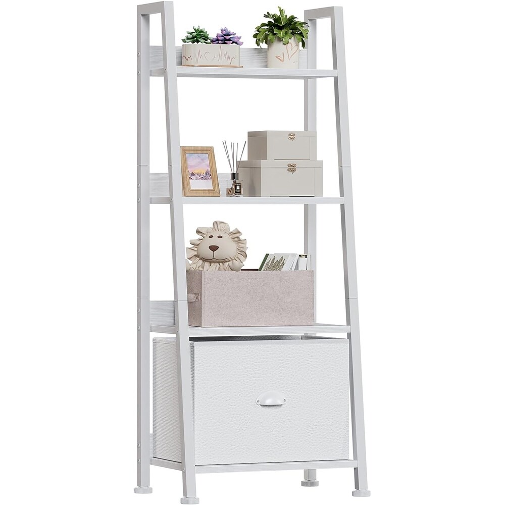 4-Tier White Ladder Shelf, Ladder Bookshelf with Removable Drawer