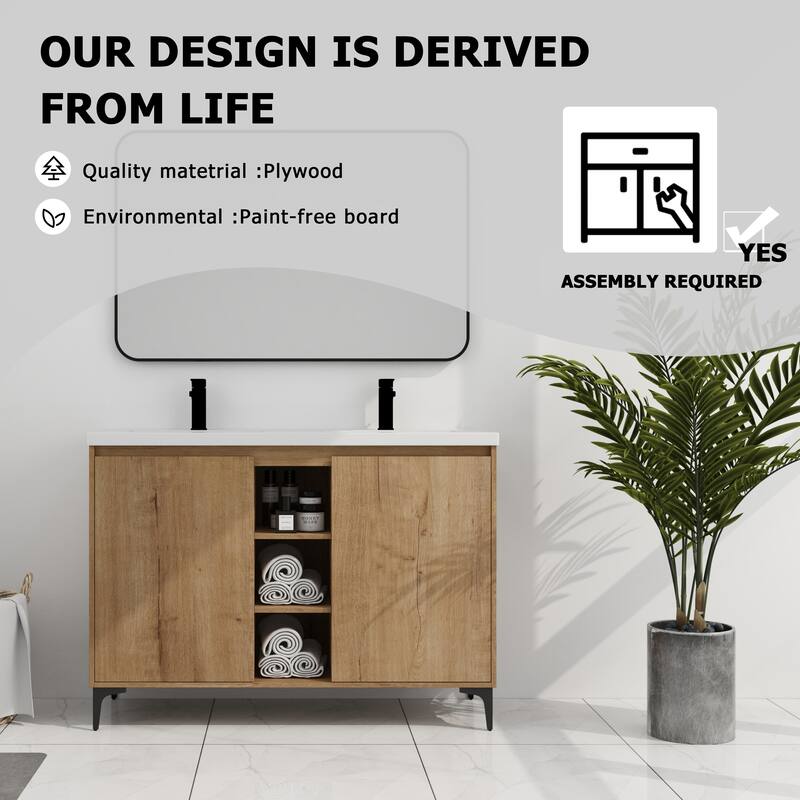 Freestanding Bathroom Vanity with Double Resin Sink, Soft-Closing Doors, Adjustable Shelves - 47.6in L Plywood