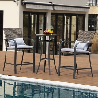 3-Piece Wicker Bar Height Outdoor Dining Set Patio Bar Sets Outdoor Bar Table Bar Stools with Gray Cushions