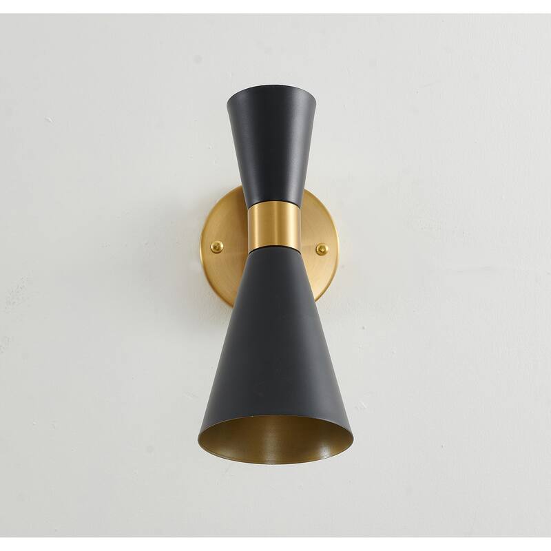 1-Light Gold Iron Wall Sconce With Black Cone Shade