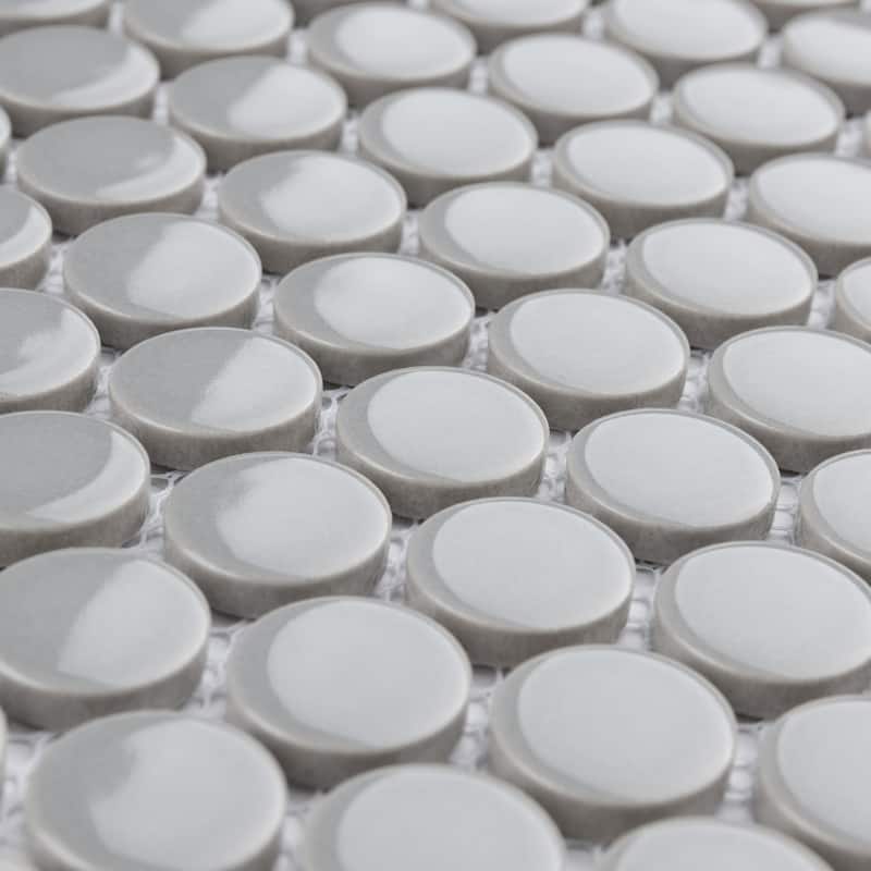 Merola Tile Metro Penny Round Light Grey Glossy 10" x 12" Porcelain Mosaic Floor and Wall Tile