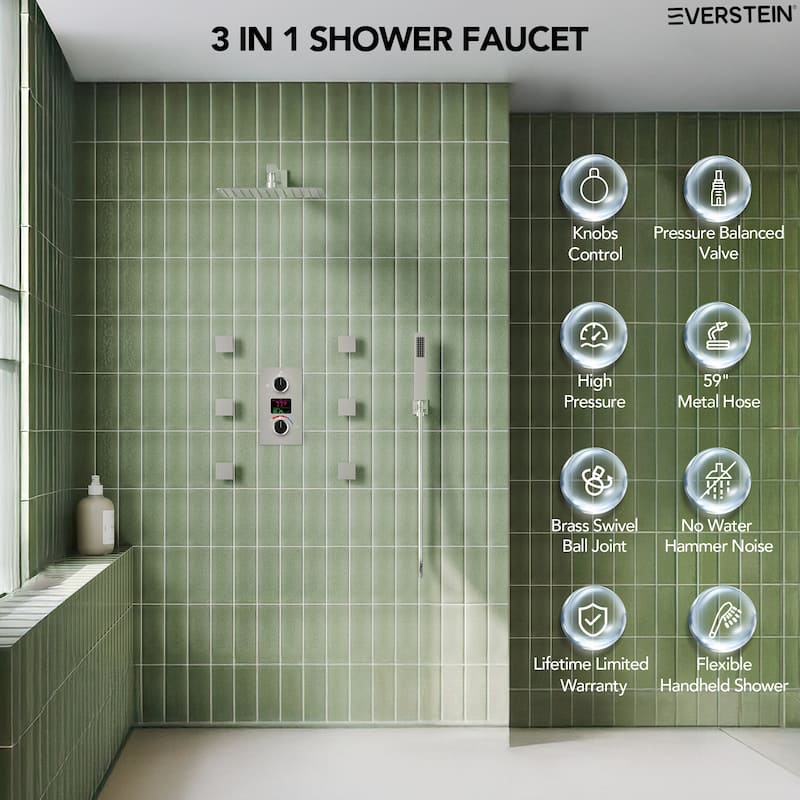 LCD Digital Display Shower System ,12" High-Pressure Rainfall Shower Head with Pressure-Balanced Valve