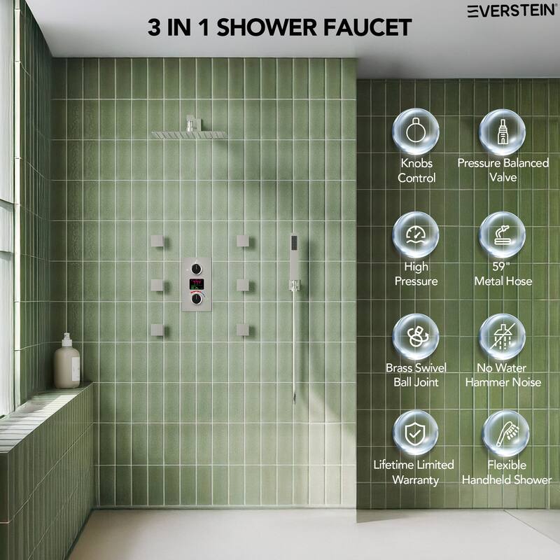 LCD Temperature Display 12" High-Pressure Shower System With Pressure Balancing Diverter Valve - 12-Inch